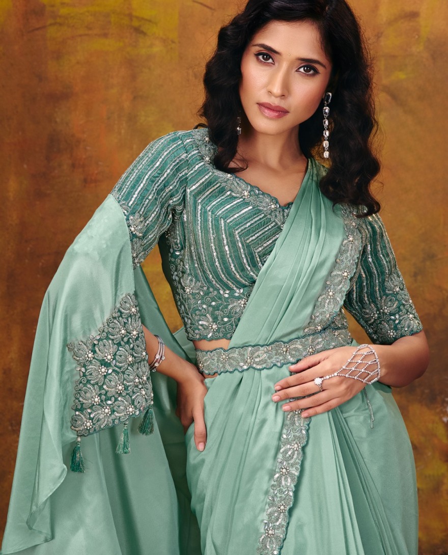 27110 - Sea Green Embroidered Wedding Party Designer Saree